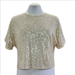 LUCY PARIS Metallic sequins round neck short sleeves loose fit crop top